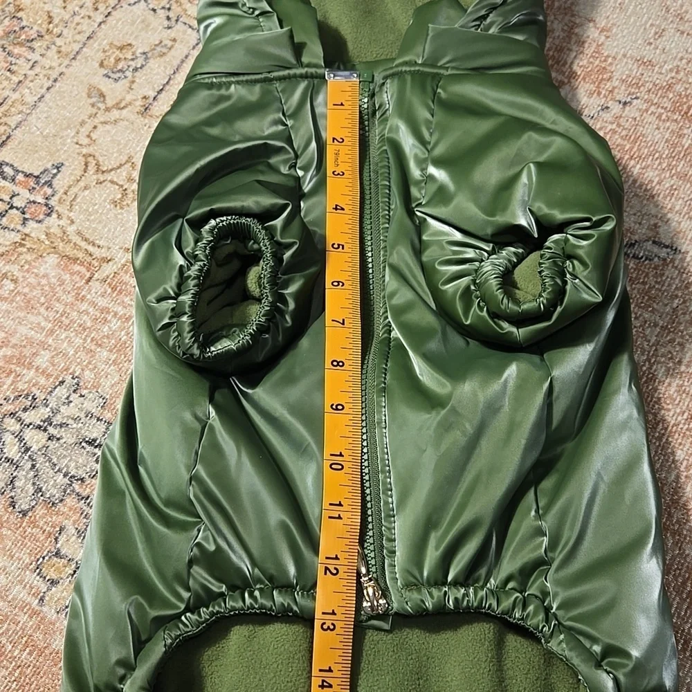 Rachel Zoe Shiny Green Fleece Lined Removeable Hood Back Pocket Dog Coat Sz L